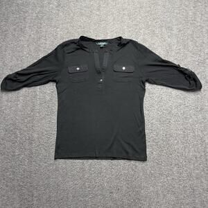 Lauren Ralph Lauren Henley V-Neck Blouse Womens Medium Black 3/4 Roll Tab Sleeve
